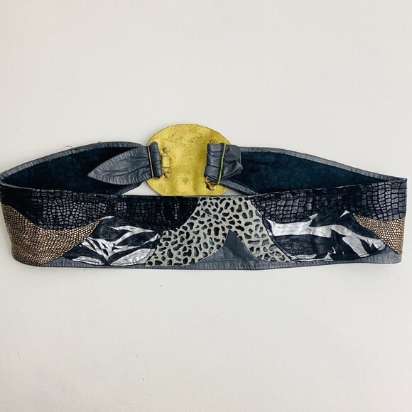 Vtg Mexican Mixed Metal Brass Copper Hand Crafted Belt Buckle Leather Patchwork - Picture 8 of 10